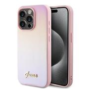 Guess PU Leather Iridescent Metal Script Zadní Kryt pro iPhone 15 Pro Pink