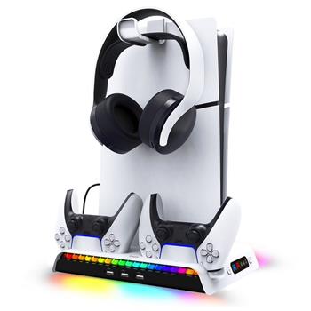 iPega P5S006 Multifunkční Nabíjecí RGB Stojan s Chlazením pro PS5 Slim White