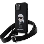 Karl Lagerfeld Liquid Silicone Crossbody Popruh Ikonik Zadní Kryt pro iPhone 15 Black